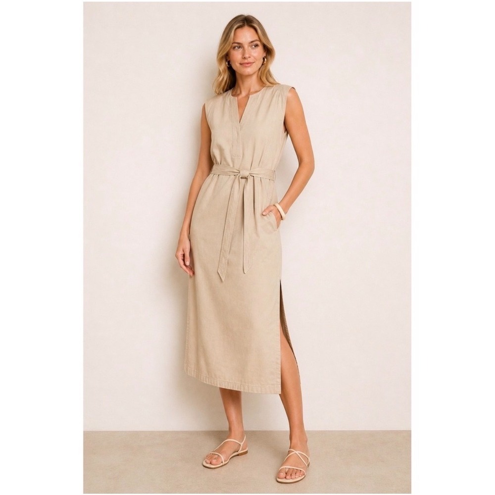 Mon Renn Beige Sleeveless Belted Midi Dress Utility Sand Size XS MRS124004